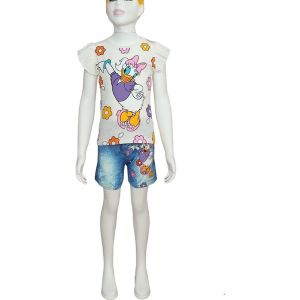 Uz Giyim Aksesuar Daisy Duck Dijital Baskılı Kot Görünümlü Şort T-Shirt Takım Kız Çocuk Giyim Takımı Fiyatı