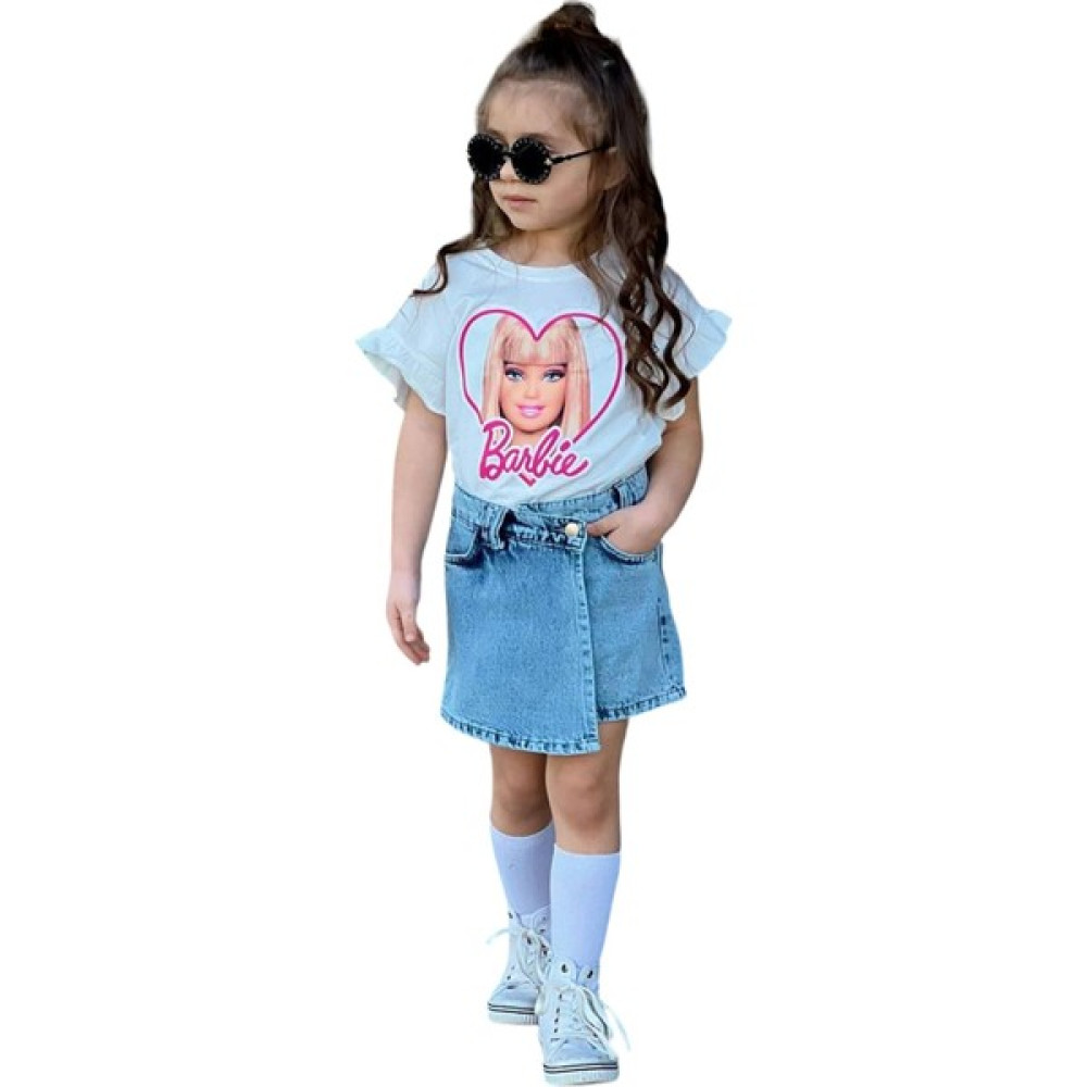 Uz Giyim Aksesuar Yazlık Barbie Baskılı T-Shirt Kot Şort Etek Takım Kot Etek Kız Çocuk Yeni Sezon Alt Üst Takım Kız Çocuk Giyim Takımı Fiyatı