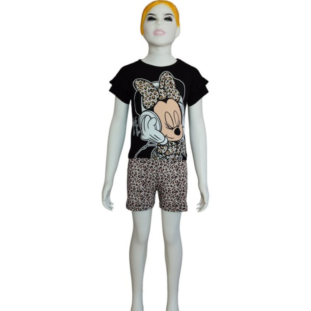 Uz Giyim Aksesuar Yazlık Leopar Desenli Minnie Mouse Baskılı Şort T-Shirt Takım Kız Çocuk Giyim Takımı Fiyatı