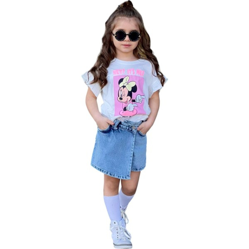 Uz Giyim Aksesuar Yazlık Minnie Mouse Baskılı T-Shirt Kot Şort Etek Takım Kot Etek Kız Çocuk Yeni Sezon Alt Üst Takım Kız Çocuk Giyim Takımı Fiyatı