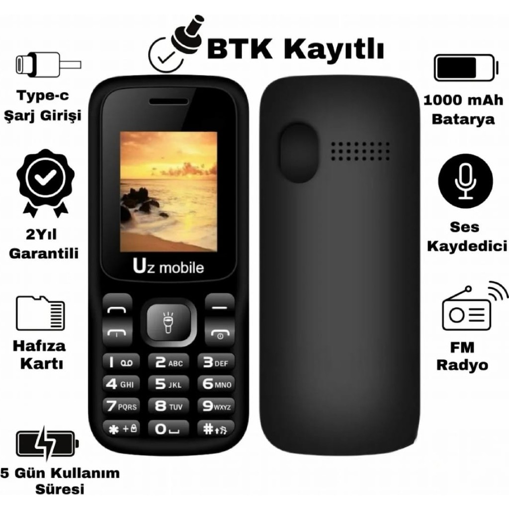UZ Mobile - Yerli Üretim Tuşlu Asker Cep Telefonu (Uz Türkiye Garantili) - 32 GB - siyah Diğer Fiyatı