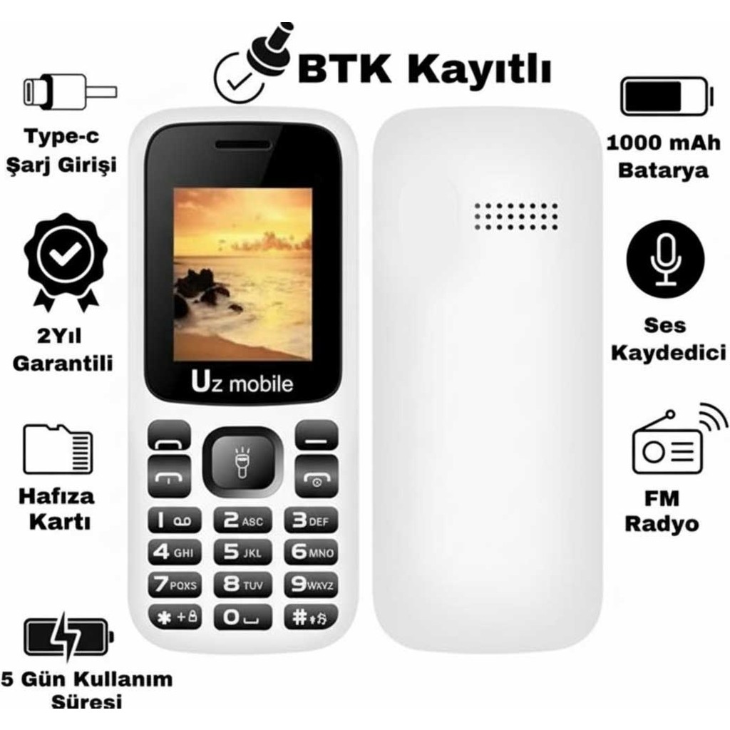 Uz Mobile Yerli Üretim Tuşlu Telefon - Uz Türkiye Garantili Beyaz Asker Telefonu - 32 MB - Beyaz - Gümüş Diğer Fiyatı
