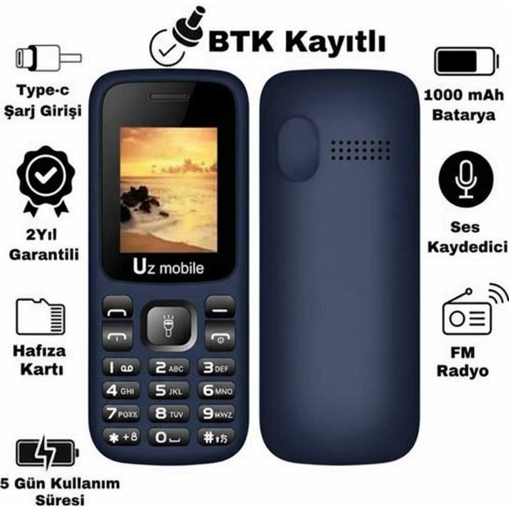 Uz Yerli Üretim Tuşlu Asker Telefonu -Uz Türkiye Garantili - 32 GB - lacivert Diğer Fiyatı