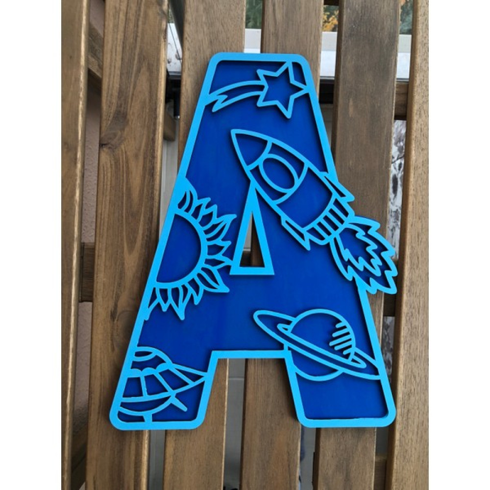 Uzay Temalı Ahşap Harf, Çocuk Odası Kapı Süsü, Bebek Odası Duvar Dekoru, Bebek Hediyesi - 30 cm Bebek Odası Duvar Süsü Fiyatı