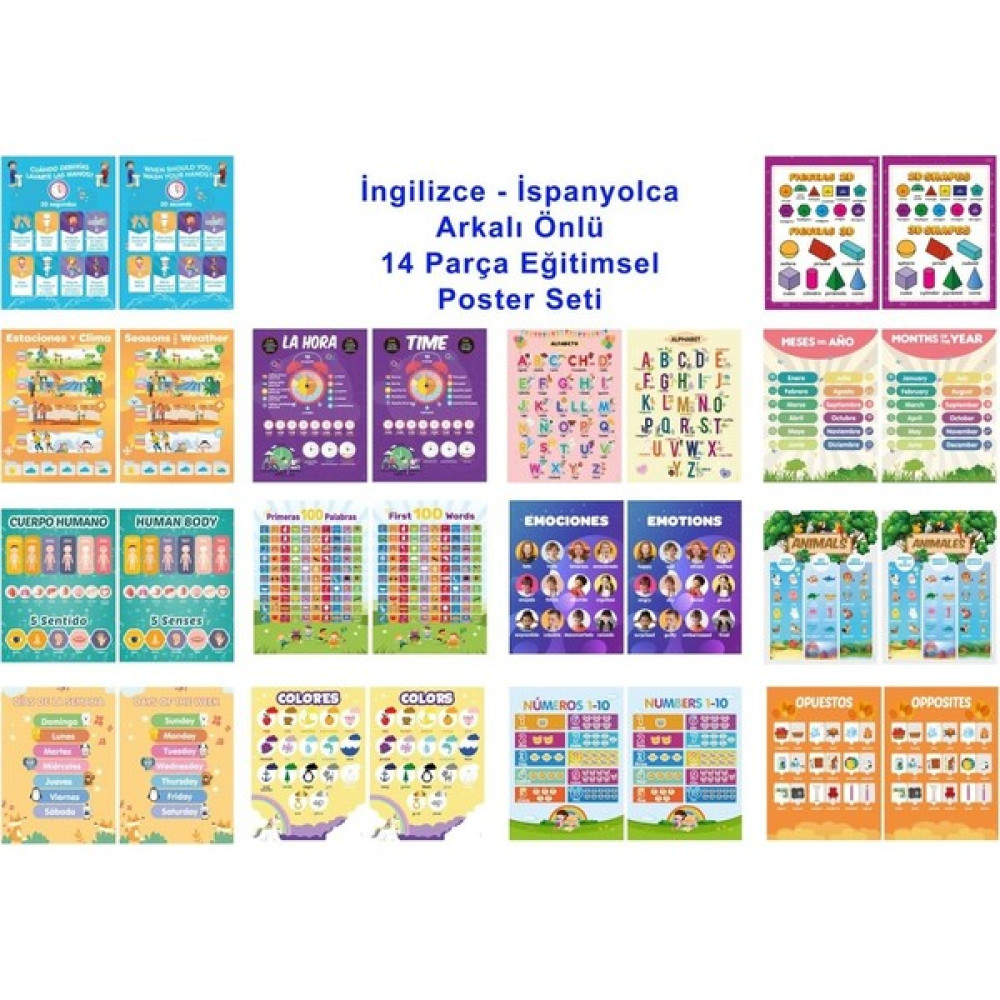 Üze İngilizce-İspanyolca Arkalı Önlü 14 Eğitici Poster 7 - 12 Yaş Yabancı Dil Öğretici Kitaplar ve Eğitim Setleri Fiyatı