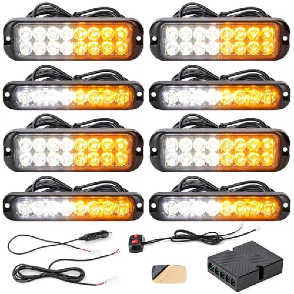 V-SEK 8PCS LED Amber White Strobe Lights Kit 8-LED 16-LED Sync Feature Ultra Slim Emergency Hazard Warning Flashing Caution Light Surface Mount for Construction Trucks Vehicles ATV RV Cars Waterproof