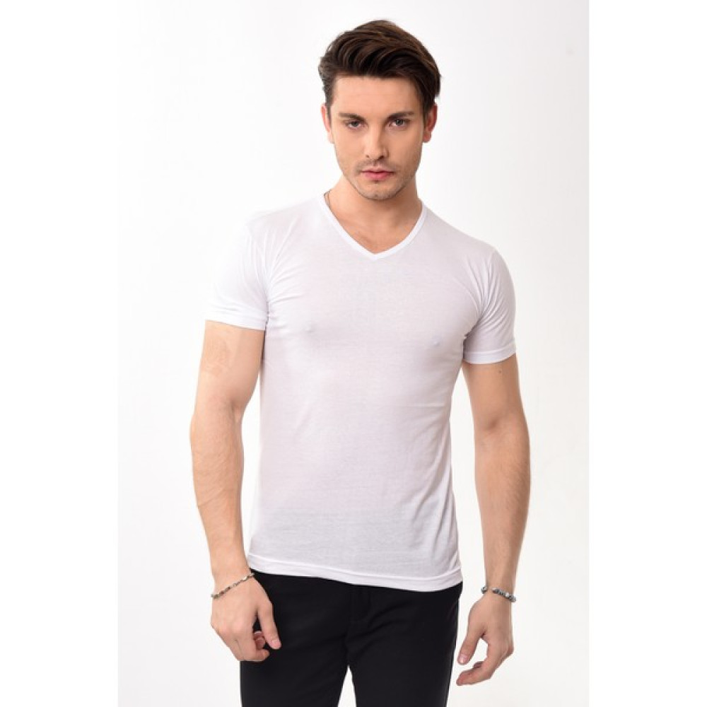 V Yaka Basic Slim Fit Erkek Tişört T-Shirt Beyaz Erkek T-shirt Fiyatı