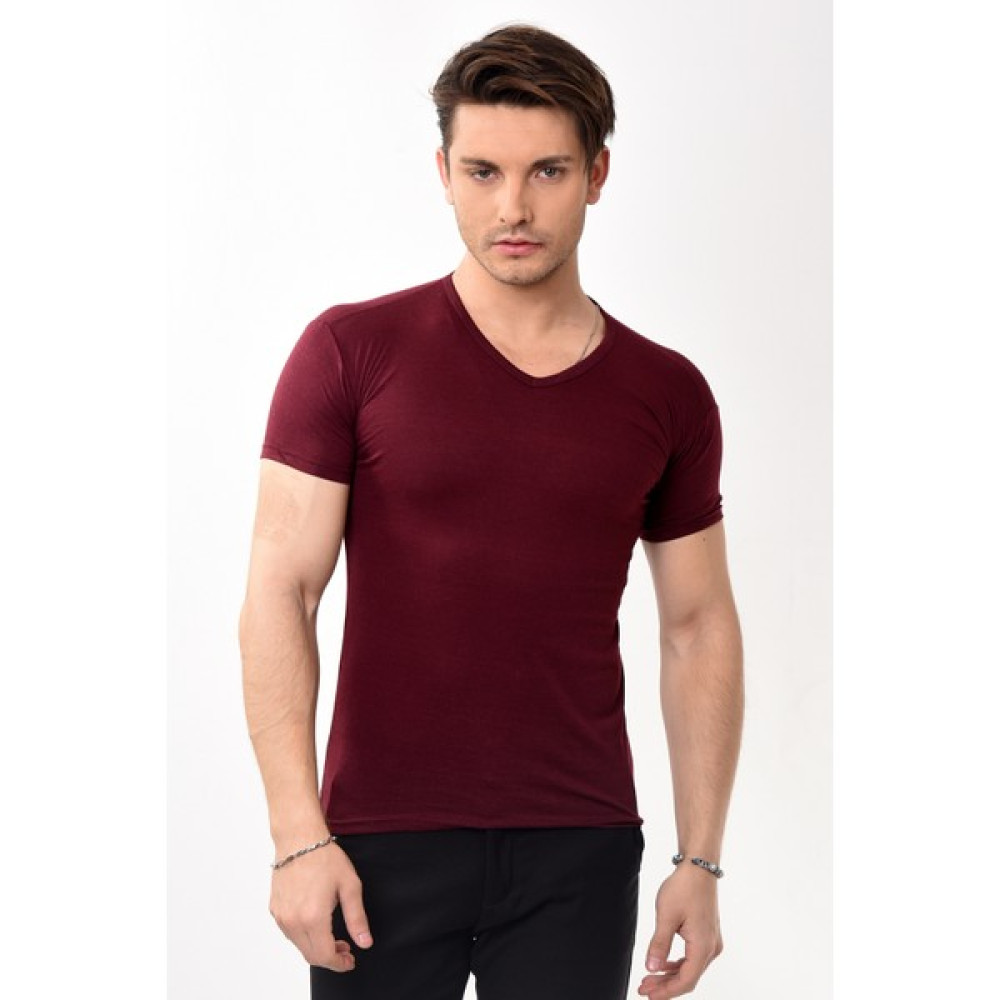 V Yaka Basic Slim Fit Erkek Tişört T-Shirt Bordo Erkek T-shirt Fiyatı