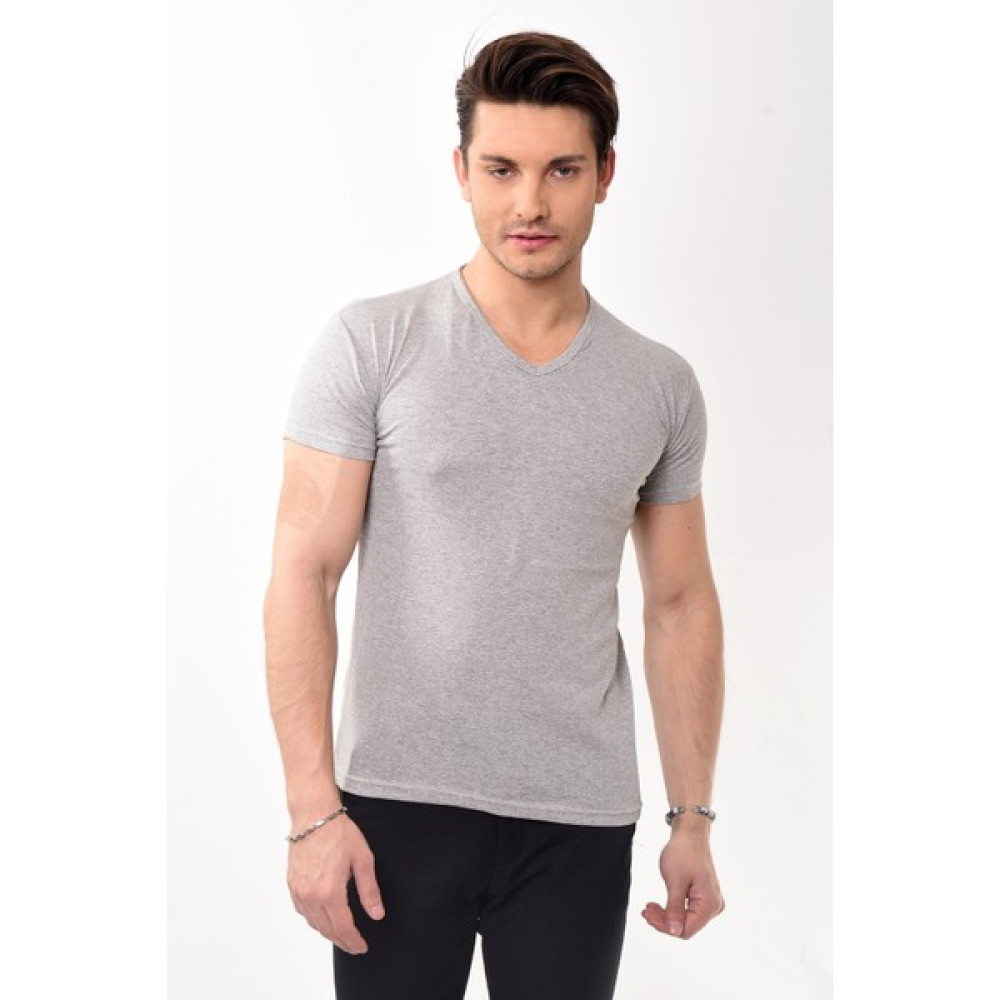 V Yaka Basic Slim Fit Erkek Tişört T-Shirt Gri Erkek T-shirt Fiyatı