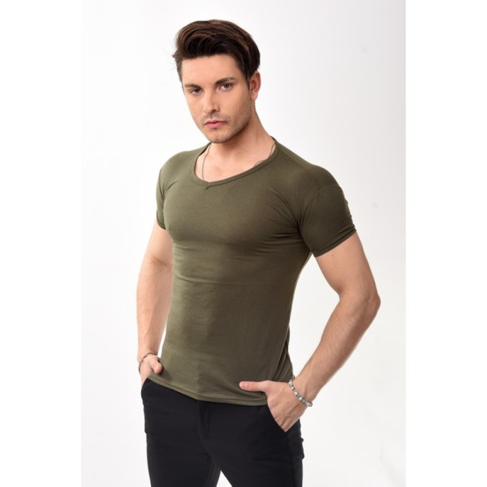 V Yaka Basic Slim Fit Erkek Tişört T-Shirt Haki Erkek T-shirt Fiyatı