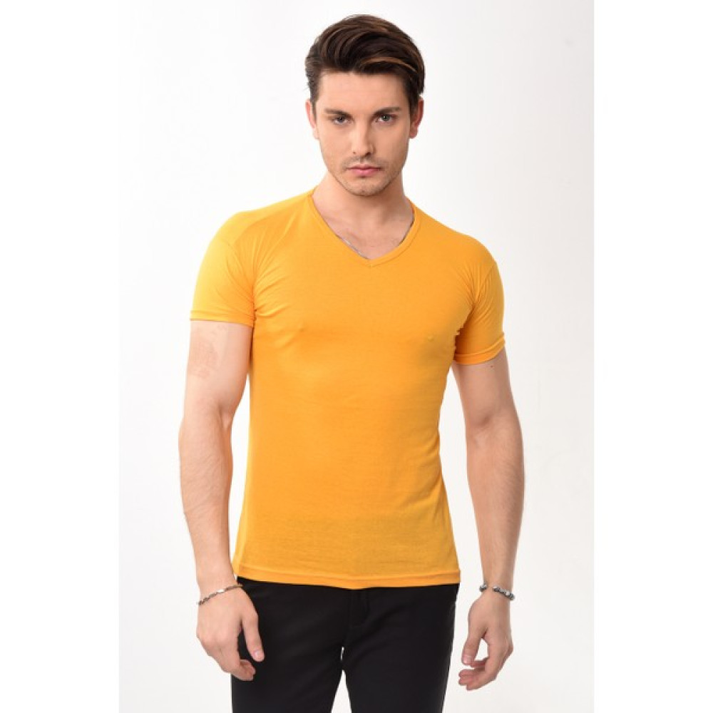 V Yaka Basic Slim Fit Erkek Tişört T-Shirt Sarı Erkek T-shirt Fiyatı