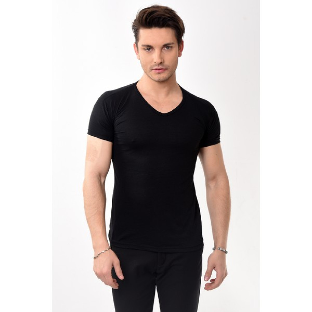 V Yaka Basic Slim Fit Erkek Tişört T-Shirt Siyah Erkek T-shirt Fiyatı