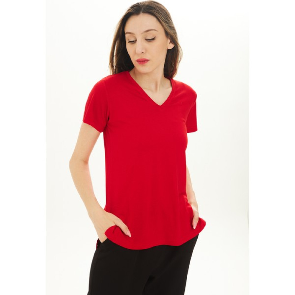 V Yaka Kısa Kol T-Shirt Kırmızı Bayan T-shirt Fiyatı