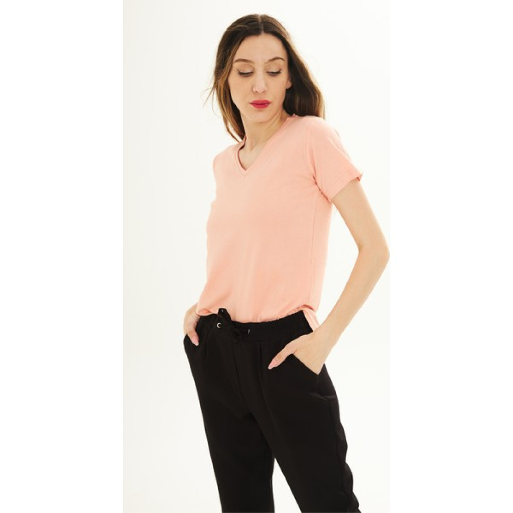 V Yaka Kısa Kol T-Shirt Pudra Bayan T-shirt Fiyatı