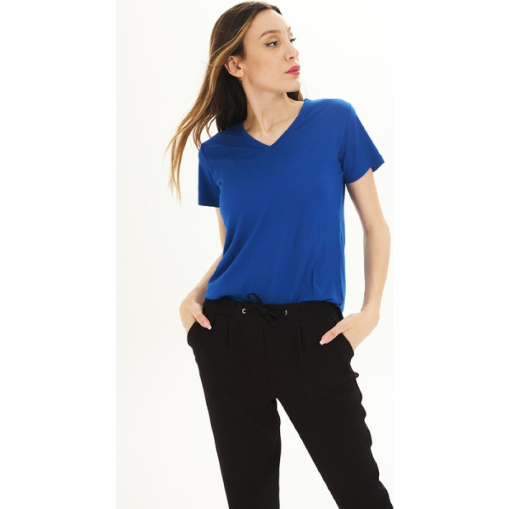 V Yaka Kısa Kol T-Shirt Saks Bayan T-shirt Fiyatı