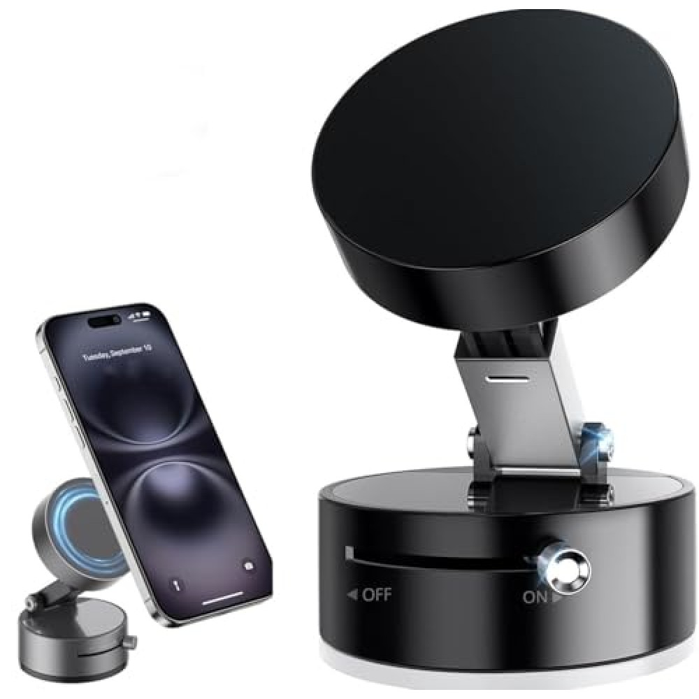 Vacuum Magnetic Suction Phone Holder,Doubled Sided Universal Cellphone Holder Stand for Car/Home/Smooth Surface/Mirror/Glass Foldable and Retractable Vacuum Magnetic Suction Phone Mount Bracket Black