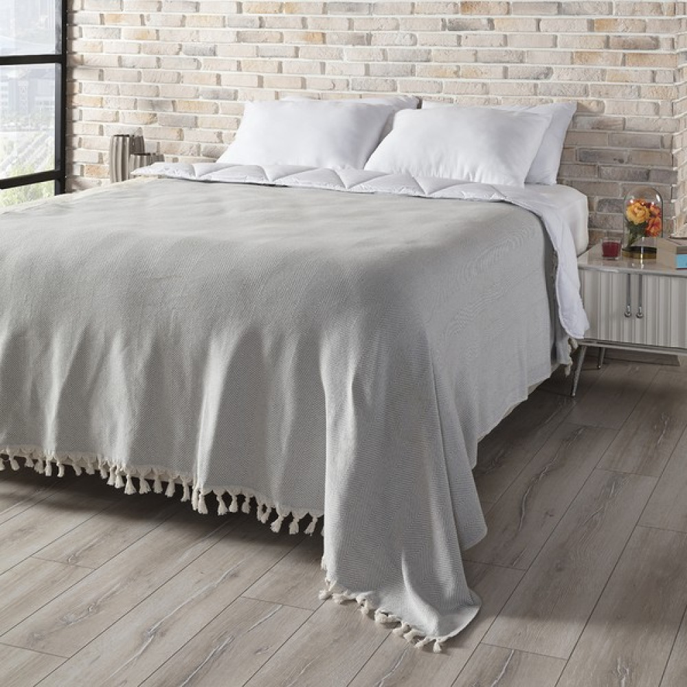 Vagonik Balık Sırtı Desenli Natural Çift Kişilik Çok Amaçlı Yatak Örtüsü Pamuk - 200 x 230 cm - Gri Yatak Örtüsü Fiyatı