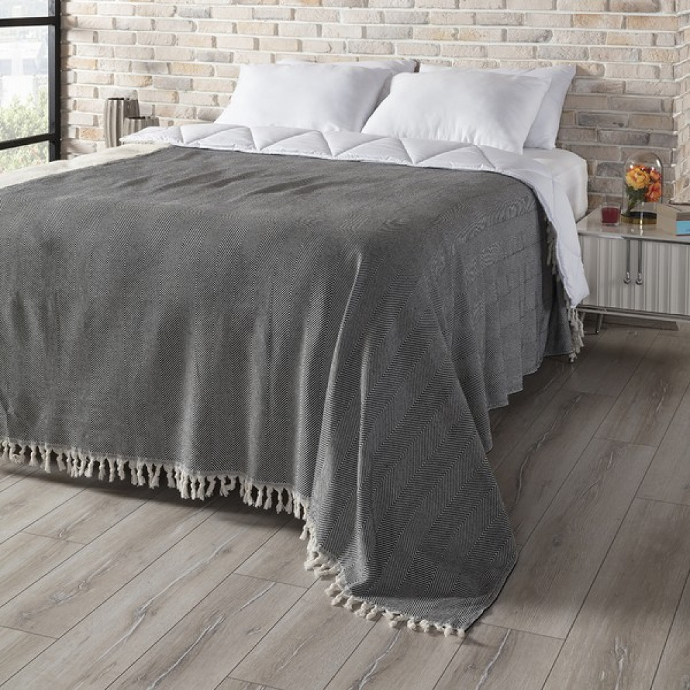Vagonik Balık Sırtı Desenli Natural Çift Kişilik Çok Amaçlı Yatak Örtüsü Pamuk - 200 x 230 cm - Siyah Yatak Örtüsü Fiyatı