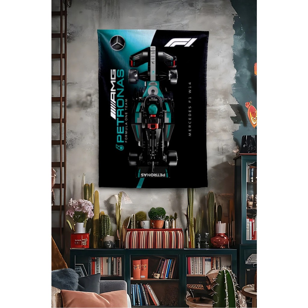 Vagonik F1 Temalı Mercedes Amg Duvar Örtüsü Halısı Tapestry Formula 1 - 140 x 200 cm - Siyah - Mavi Salon Halısı Fiyatı