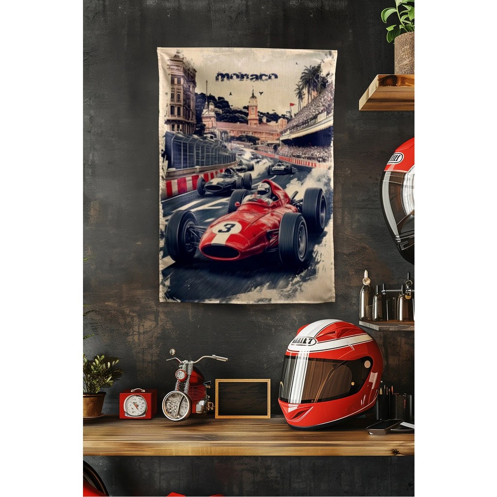 Vagonik F1 Temalı Monaco Vintage Duvar Örtüsü Halısı Tapestry Formula 1 - 100 x 140 cm - Kırmızı - Siyah Salon Halısı Fiyatı