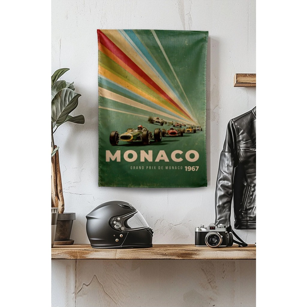 Vagonik F1 Temalı Monaco Vintage2 Duvar Örtüsü Halısı Tapestry Formula 1 - 100 x 140 cm - Yeşil - Bej Salon Halısı Fiyatı