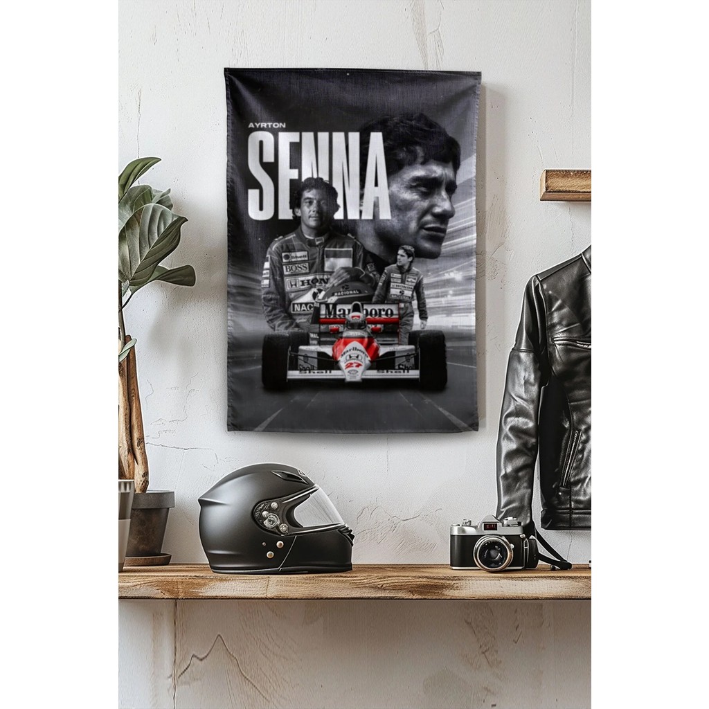 Vagonik F1 Temalı Senna Siyah Duvar Örtüsü Halısı Tapestry Formula 1 - 140 x 200 cm - Siyah - Beyaz Salon Halısı Fiyatı