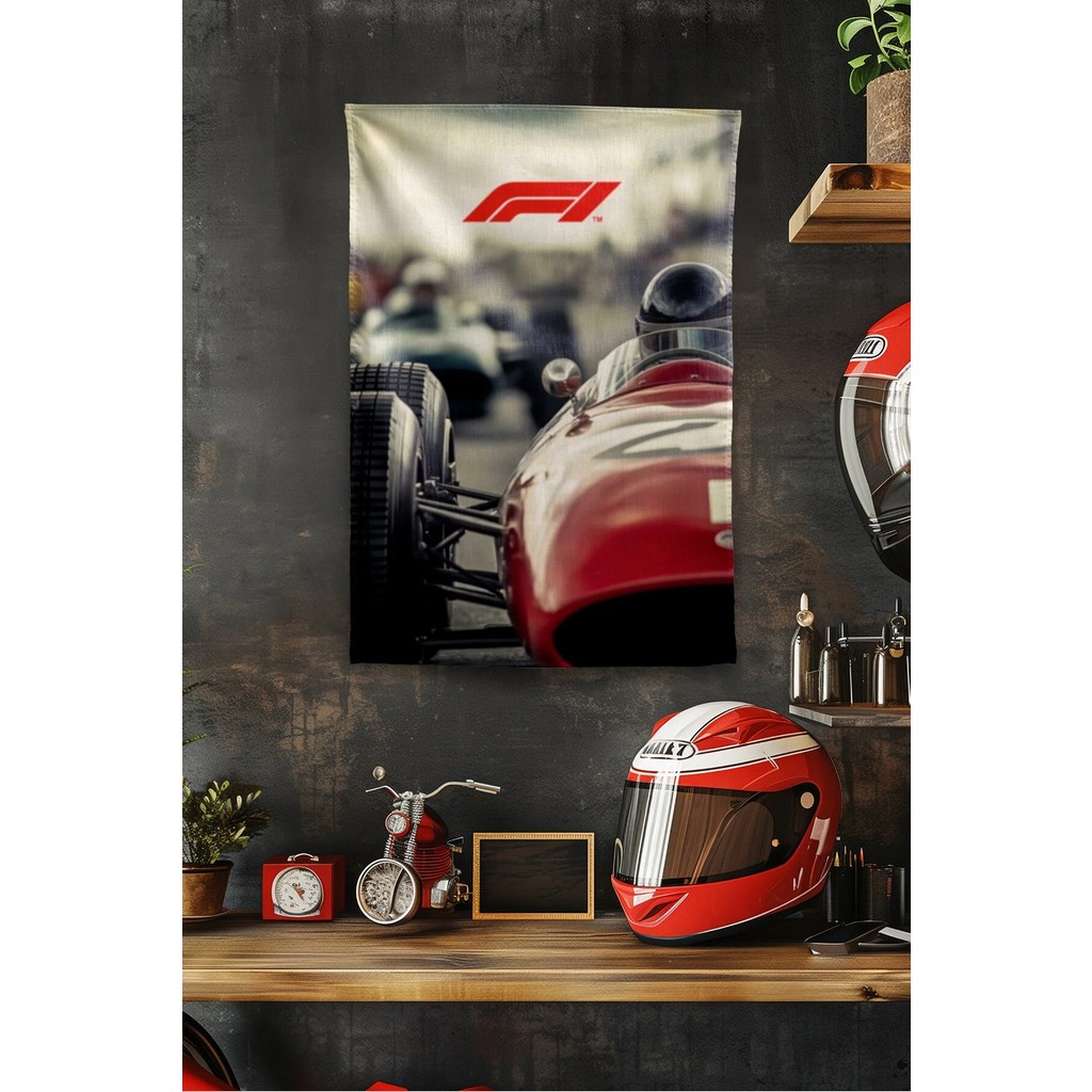 Vagonik F1 Temalı Vintage Duvar Örtüsü Halısı Tapestry Formula 1 - 140 x 200 cm - Gri - Kırmızı Salon Halısı Fiyatı