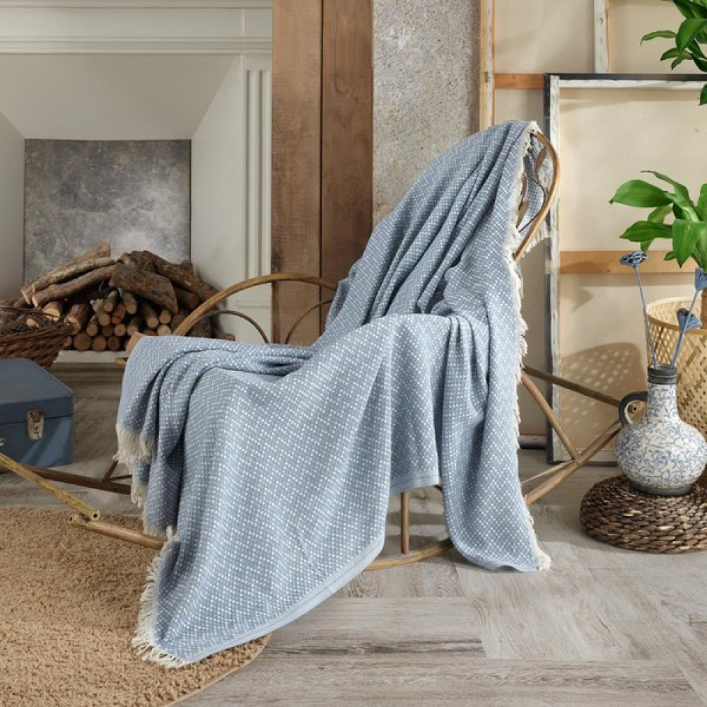 Vagonik Natural Keten Koltuk Örtüsü | Kara Tezgah Dokuma Koltuk Şalı - 170 x 210 cm - Mavi Koltuk & Kanepe Örtüsü Fiyatı