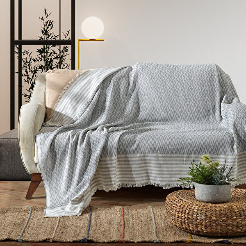 Vagonik Zigzag Natural Keten Koltuk Örtüsü | Koltuk Şalı Çekyat Örtüsü - 170 x 210 cm - Gri Koltuk & Kanepe Örtüsü Fiyatı