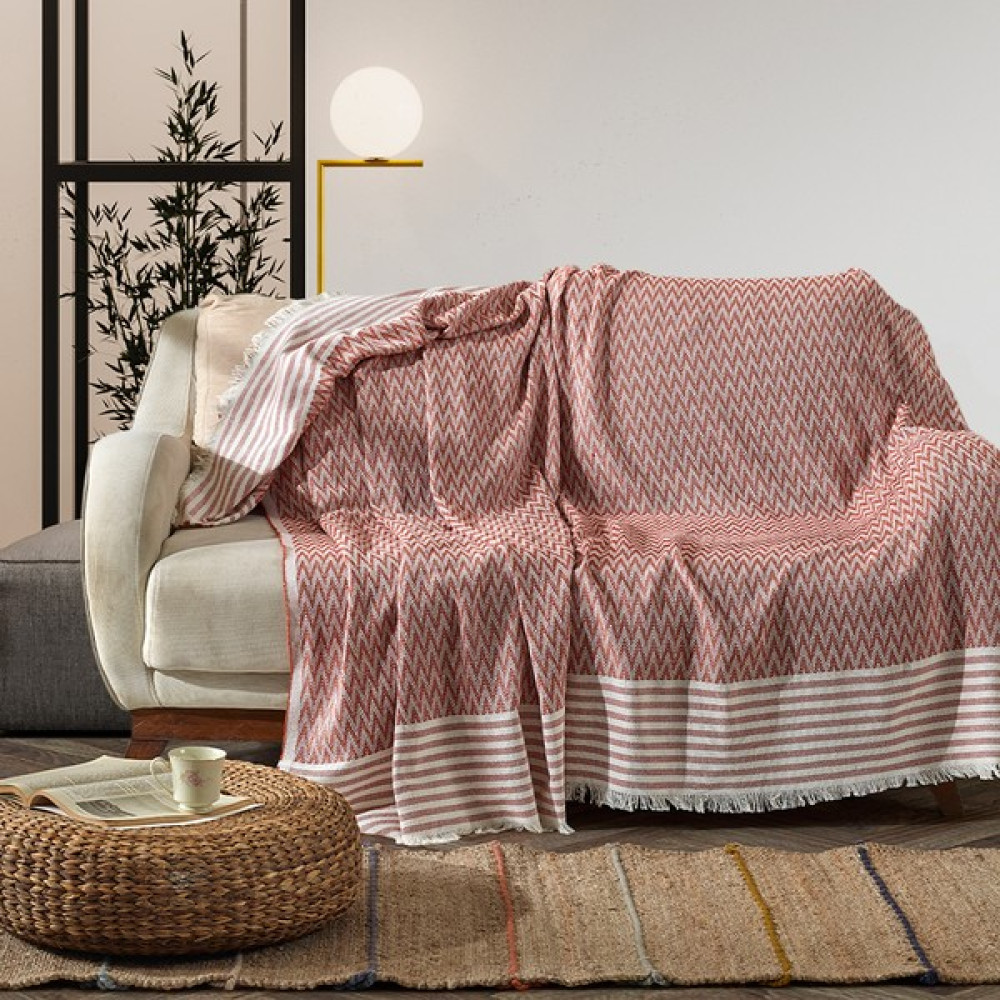 Vagonik Zigzag Natural Keten Koltuk Örtüsü | Koltuk Şalı Çekyat Örtüsü - 170 x 210 cm - Kiremit Koltuk & Kanepe Örtüsü Fiyatı