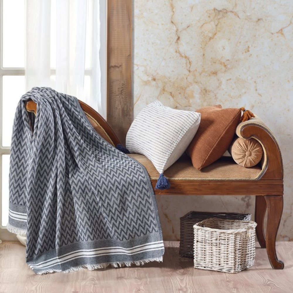 Vagonik Zigzag Pamuklu Koltuk Şalı - 100 x 150 cm - Füme Koltuk & Kanepe Örtüsü Fiyatı