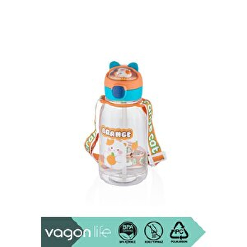 Vagonlife 760ml Sevimli Kedi Figürlü Silikon Pipetli Özel Askılı Polikarbon Çocuk Su Matarası Turuncu-turkuaz Diğer Fiyatı