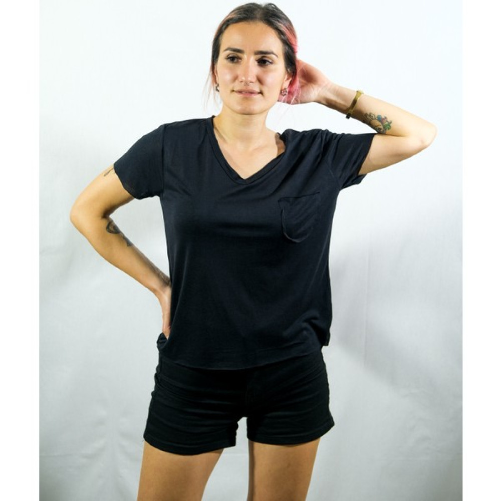 Vakker Klaer V Yaka Basic Tek Cepli Siyah Tshirt Bayan T-shirt Fiyatı