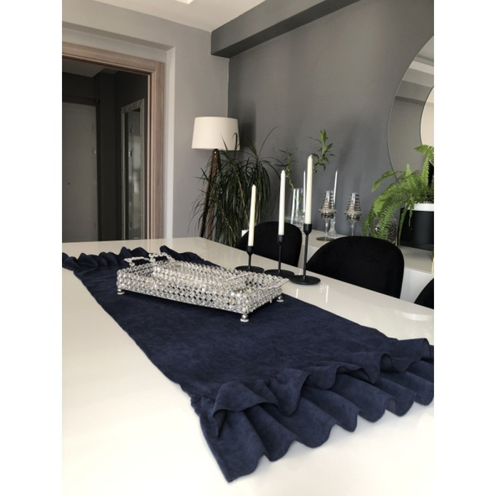 Valentia Decor Home Kadife Dokulu Fırfırlı Runner - Lacivert - 50 x 130 cm Masa Örtüsü Fiyatı