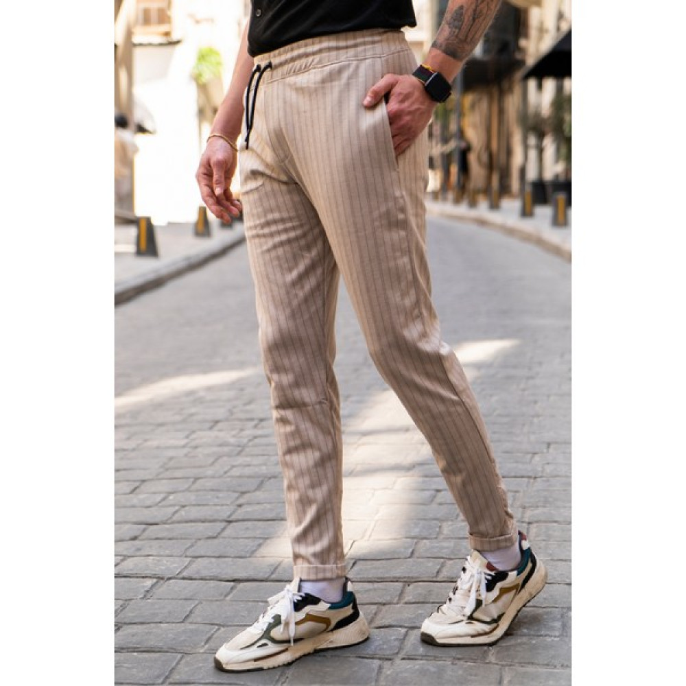 Valiberta Bej Erkek Çizgili Fit Jogger Bel Pantolon Erkek Pantolon Fiyatı