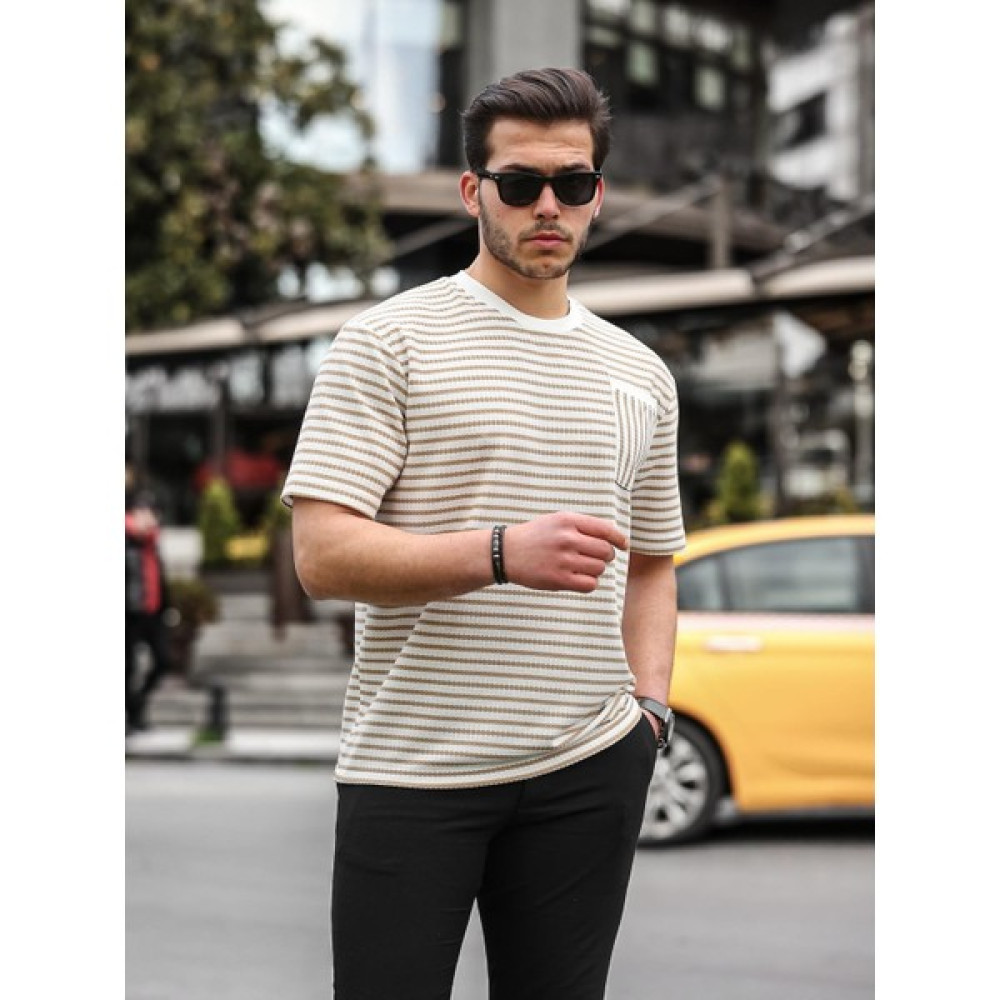 Valiberta Bisiklet Yaka Tek Cepli Çizgili T-Shirt - Bej Erkek T-shirt Fiyatı