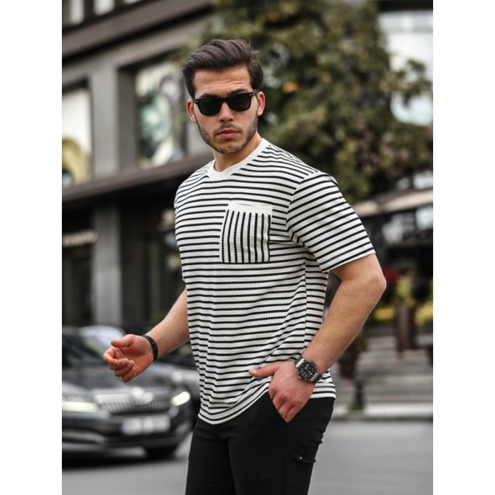Valiberta Bisiklet Yaka Tek Cepli Çizgili T-Shirt - Siyah Erkek T-shirt Fiyatı