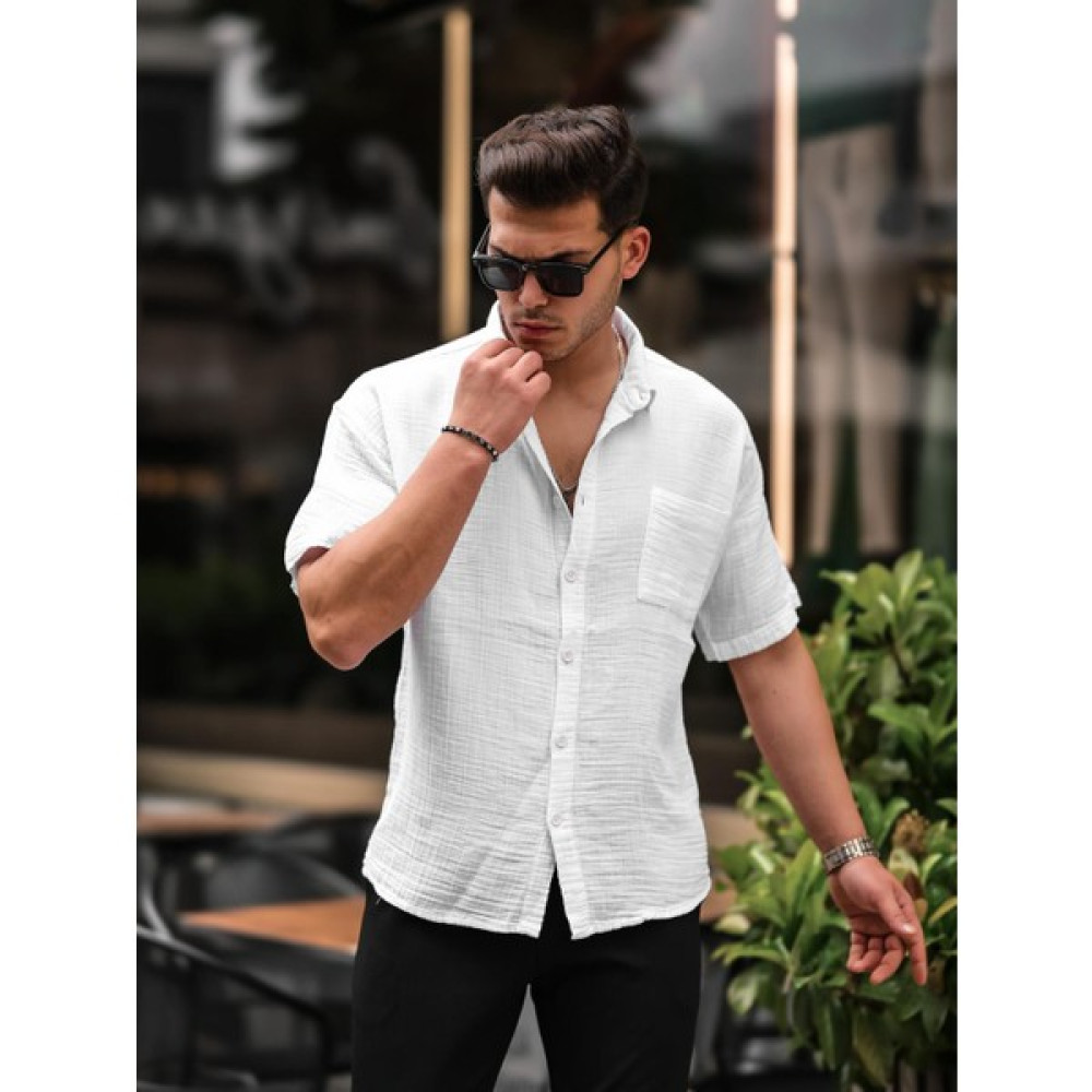 Valiberta Oversize Müslin Kumaş Tek Cepli Gömlek- Beyaz Erkek Gömlek Fiyatı