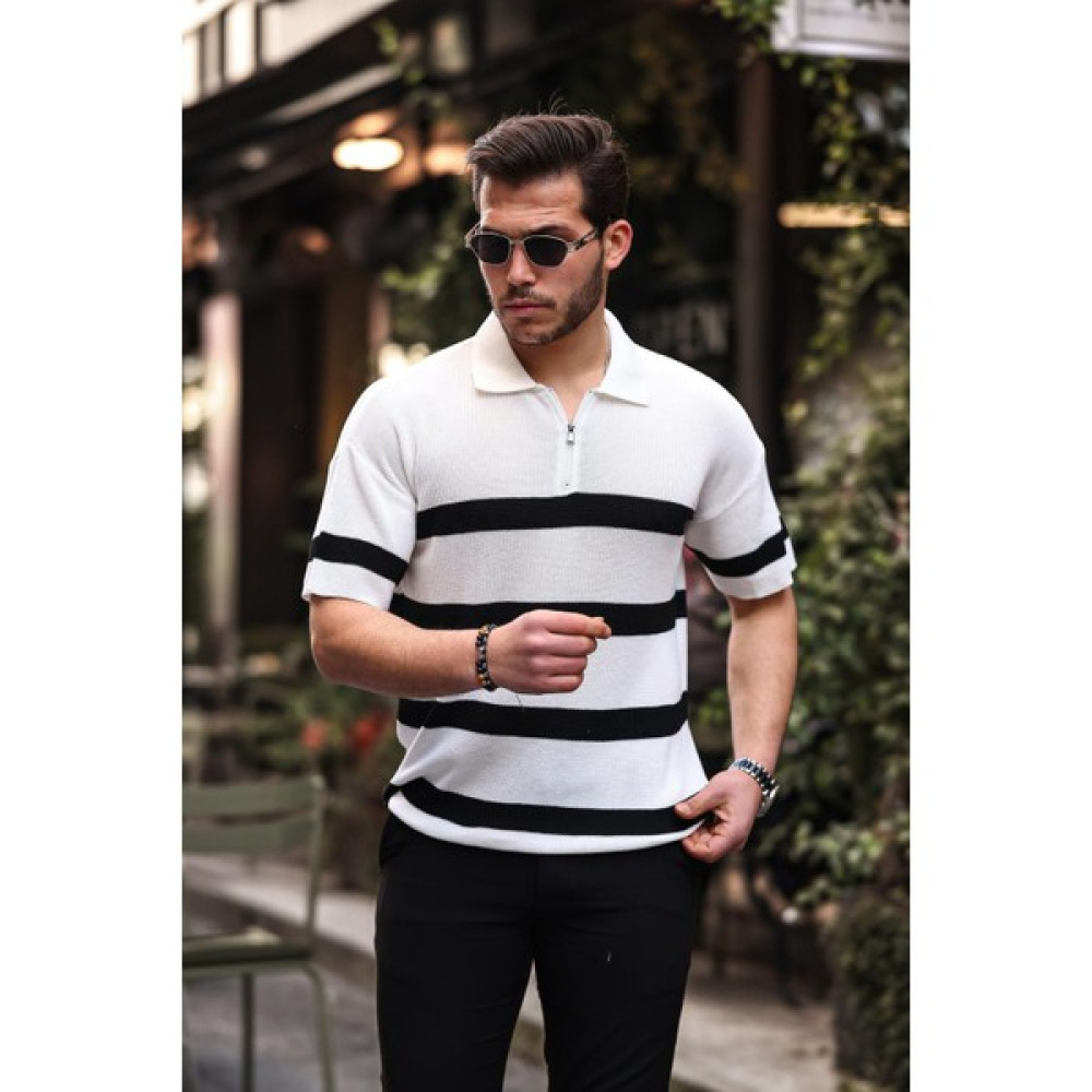Valiberta Yarım Fermuar Çizgili Oversize Triko T-Shirt - Beyaz Erkek T-shirt Fiyatı