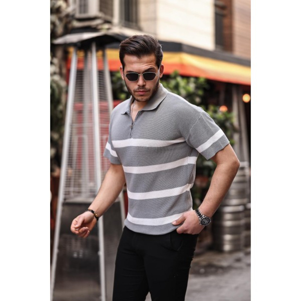 Valiberta Yarım Fermuar Çizgili Oversize Triko T-Shirt - Gri Erkek T-shirt Fiyatı