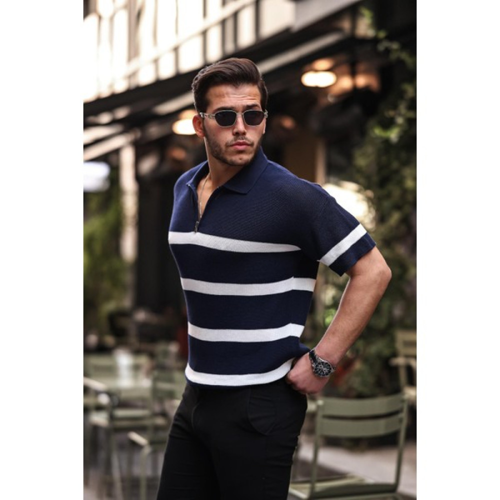 Valiberta Yarım Fermuar Çizgili Oversize Triko T-Shirt - Lacivert Erkek T-shirt Fiyatı