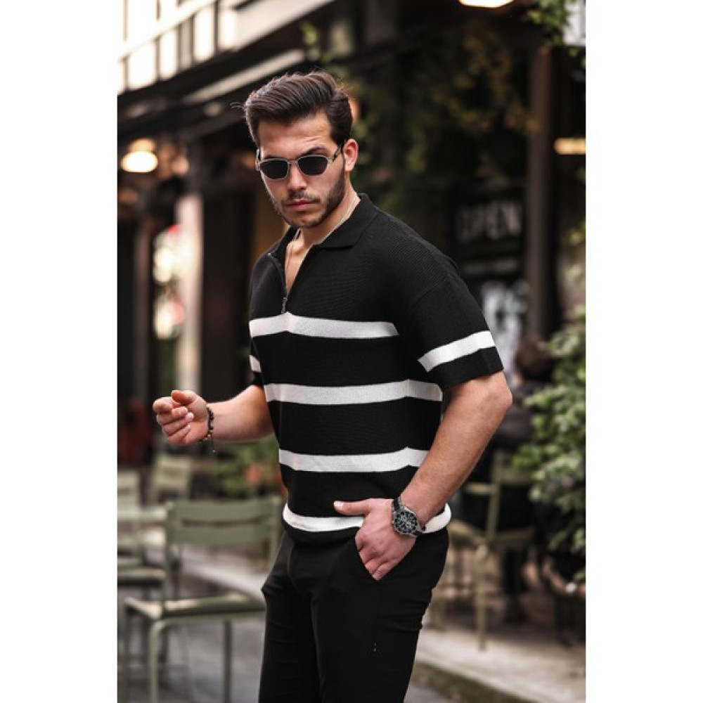 Valiberta Yarım Fermuar Çizgili Oversize Triko T-Shirt - Siyah Erkek T-shirt Fiyatı