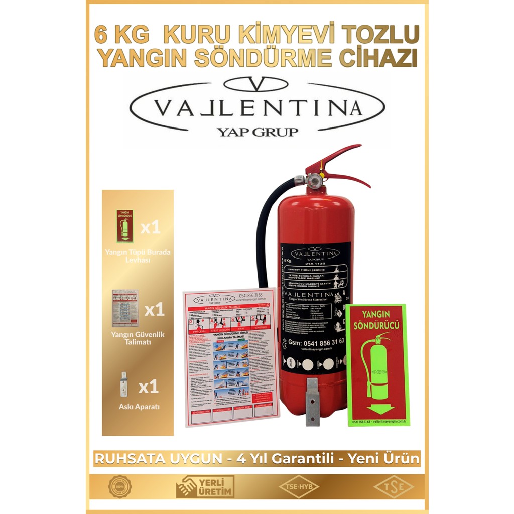 Vallentina 6 kg Tozlu Yangın Söndürme Cihazı Ruhsata Uygun Tse-Hyb/ce Belgeli (Talimat-Levha-Askı Aparatlı) - . Diğer Fiyatı