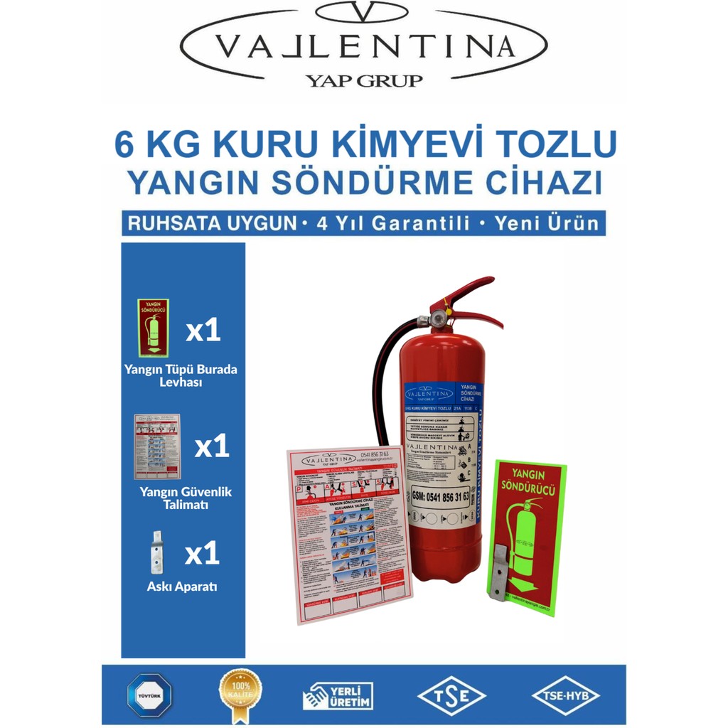 Vallentina 6 kg Tozlu Yangın Söndürme Cihazı Ruhsata Uygun Tse-Hyb/ce Belgeli (Talimat-Levha-Askı Aparatlı) Diğer Fiyatı