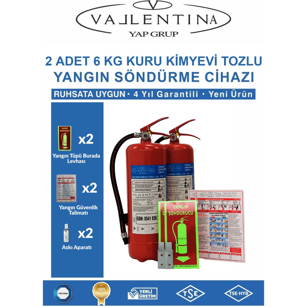 Vallentina 6kg Tozlu Yangın Söndürme Cihazı 2 Adet TSE-HYB Belgeli Kolay Kullanım Özellikli Diğer Fiyatı