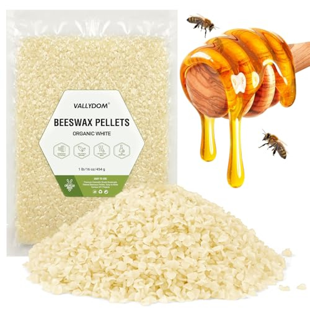 VALLYDOM Organic Beeswax Pellets - 453g White Beeswax Pastilles, Pure Natural Bulk Bees Wax Pellets for DIY Beeswax Making Candles Skin Care Lip Balm Soap Lotion (1lb)