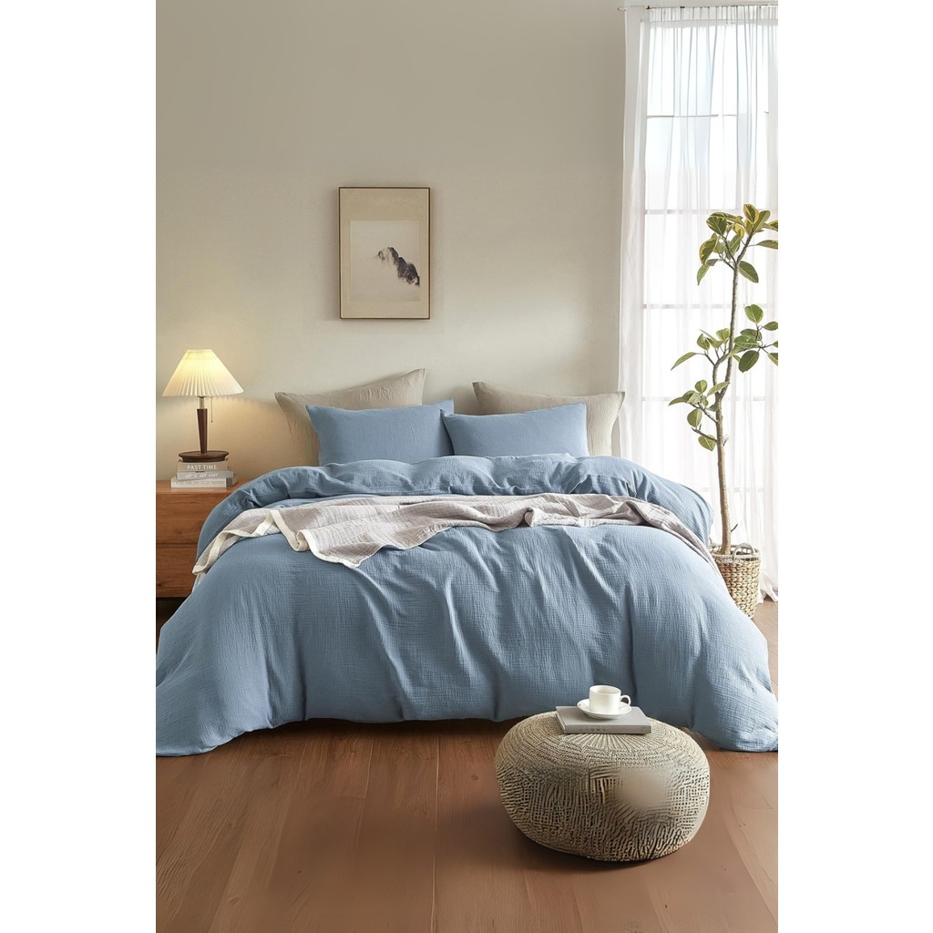 Valoroso Tekstil %100 Pamuk Müslin Nevresim Takımı Lastikli Çarşaflı Yastık Kılıflı Tek Kişilik - Bebek Mavisi - 160 x 220 cm Nevresim Takımı Fiyatı