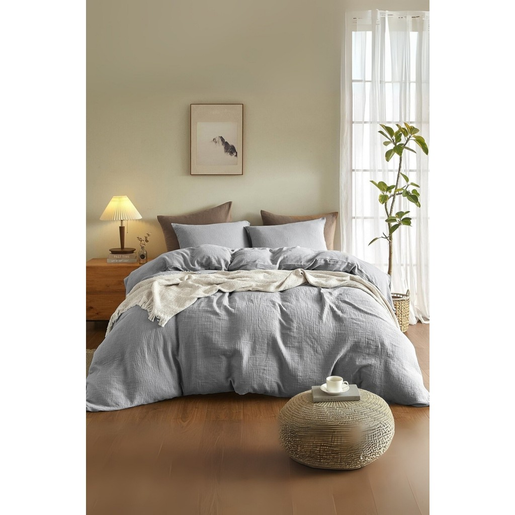 Valoroso Tekstil %100 Pamuk Müslin Nevresim Takımı Lastikli Çarşaflı Yastık Kılıflı Tek Kişilik - Gri - 160 x 220 cm Nevresim Takımı Fiyatı