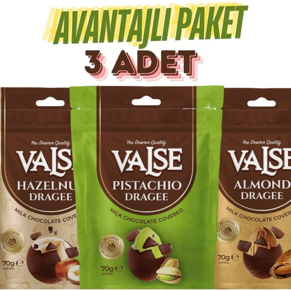Valse 70 gr x 3 Adet Sütlü Çikolata Kaplı Draje Antep Fıstığı, Fındık, Badem - 21O GR Çikolata ve Gofret Fiyatı