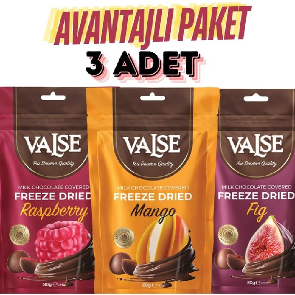 Valse 80 gr x 3 Adet Sütlü Çikolata Kaplı Ahududu Draje,Mango,İncir - 240 GR Çikolata ve Gofret Fiyatı